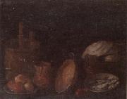 unknow artist Still life of apples and herring in bowls,a beaten copper jar,a pan and other kitchen implements Germany oil painting reproduction